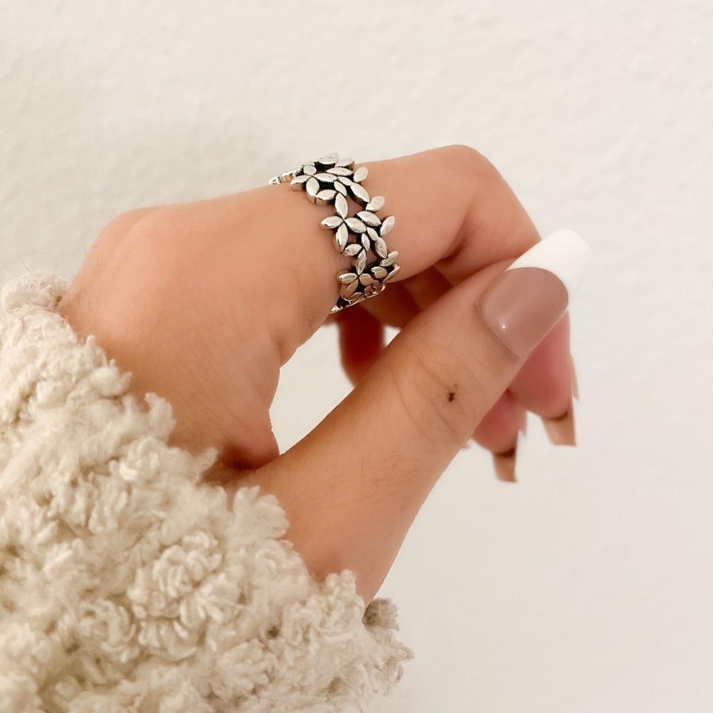 925 Sterling Silver Flower Ring Geometric Ring Leaf Ring Silver Chunky Ring - Picture 8 of 10